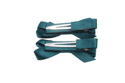 Setje mini alligator haarspeldjes met strikje - teal satijn - Staartjes en Strikjes