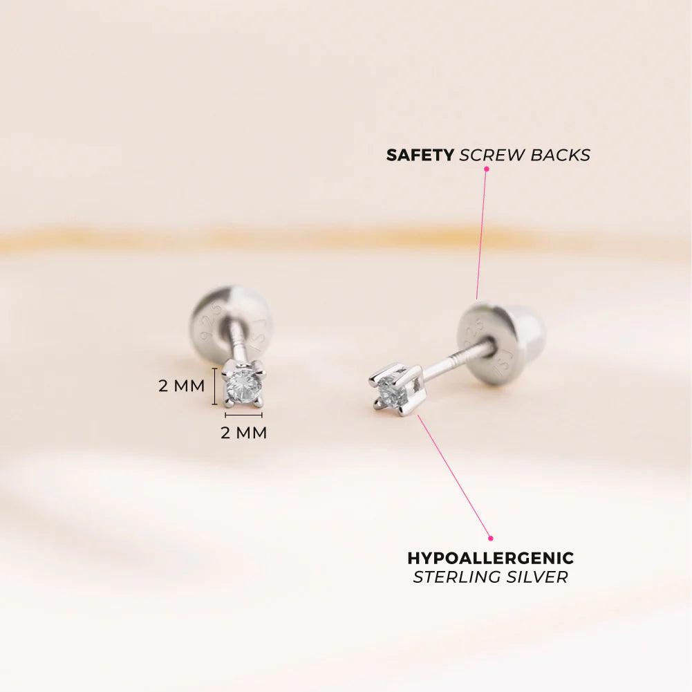 Silberne Kinderohrstecker, 2 mm, Zirkonia | Schraubverschluss