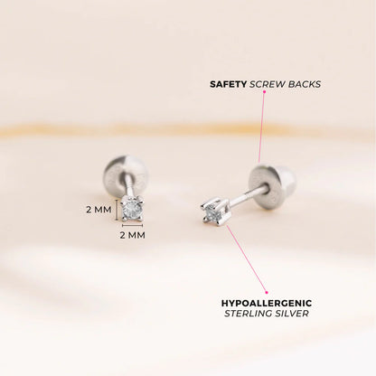 Silberne Kinderohrstecker, 2 mm, Zirkonia | Schraubverschluss