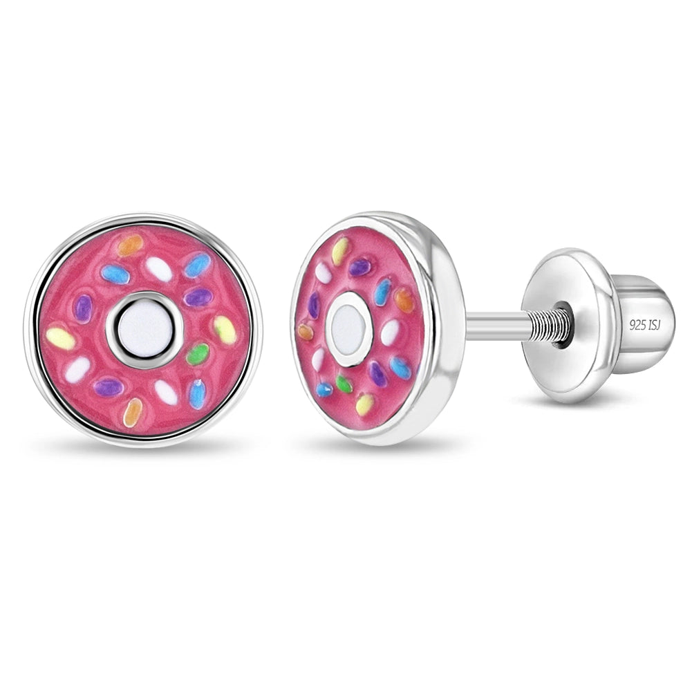 Silberne Kinderohrringe Donut rosa | Schraubverschluss