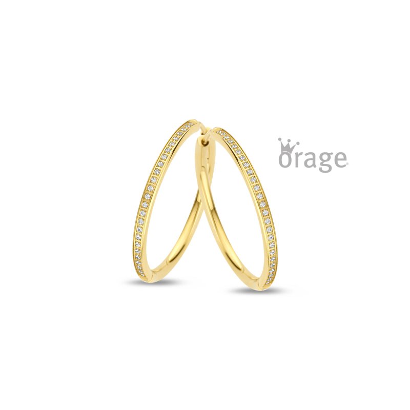 Stalen oorbellen goldplated Orage oorringen/creolen 20 mm met zirconia - Staartjes en Strikjes