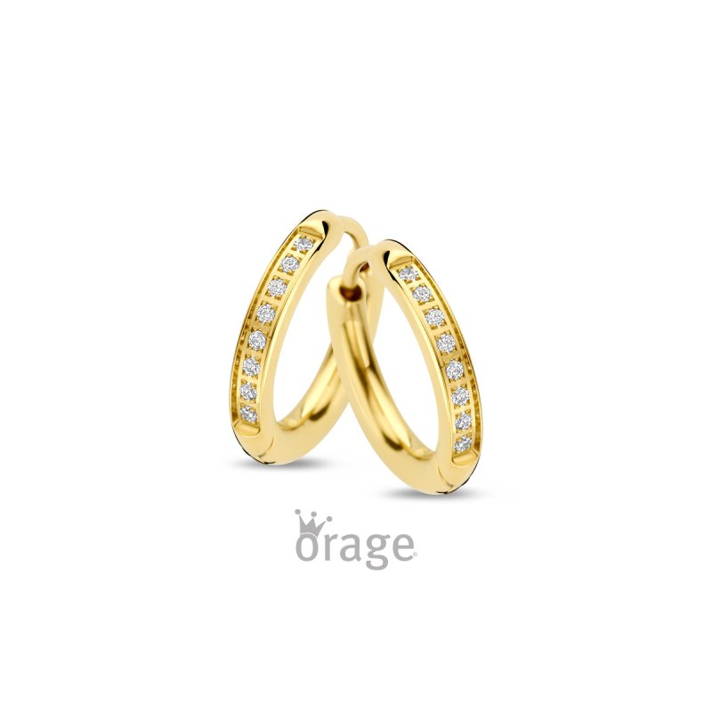 Stalen oorbellen goldplated Orage Teenz oorringen/creolen 15 mm met zirconia - Staartjes en Strikjes