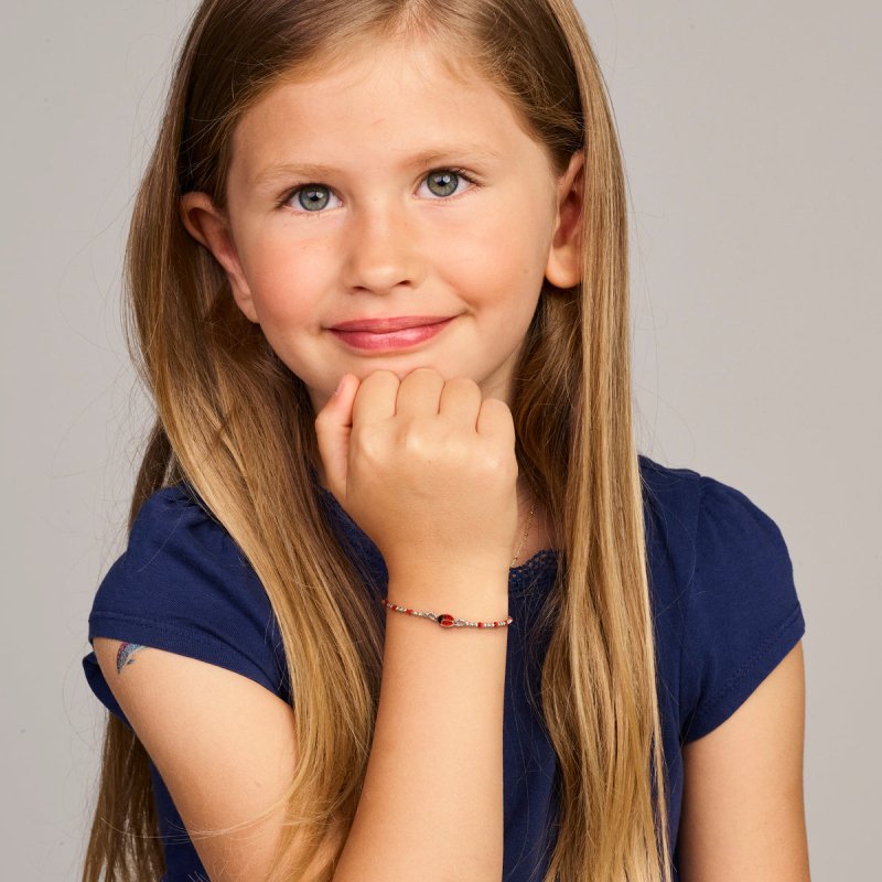 Zilveren bedel armbandje lieveheersbeestje rood met bolletjes - Staartjes en Strikjes