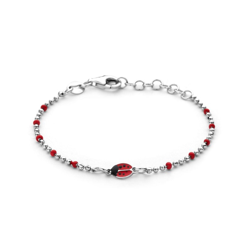 Zilveren bedel armbandje lieveheersbeestje rood met bolletjes - Staartjes en Strikjes