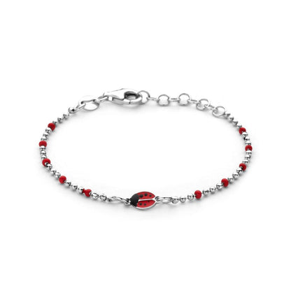 Zilveren bedel armbandje lieveheersbeestje rood met bolletjes - Staartjes en Strikjes