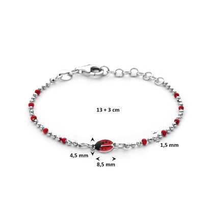 Zilveren bedel armbandje lieveheersbeestje rood met bolletjes - Staartjes en Strikjes