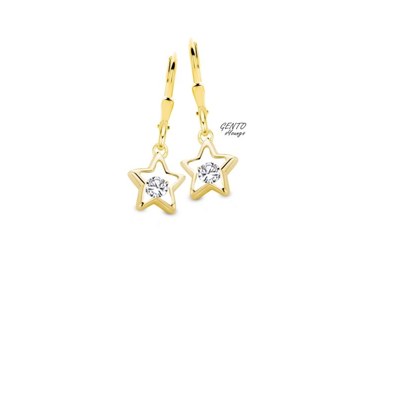 Zilveren goldplated oorbellen met hangertjes sterretjes - Gento Young - Staartjes en Strikjes