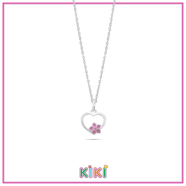 Zilveren kinder ketting hartje met klein bloemetje roze | Kiki - Staartjes en Strikjes