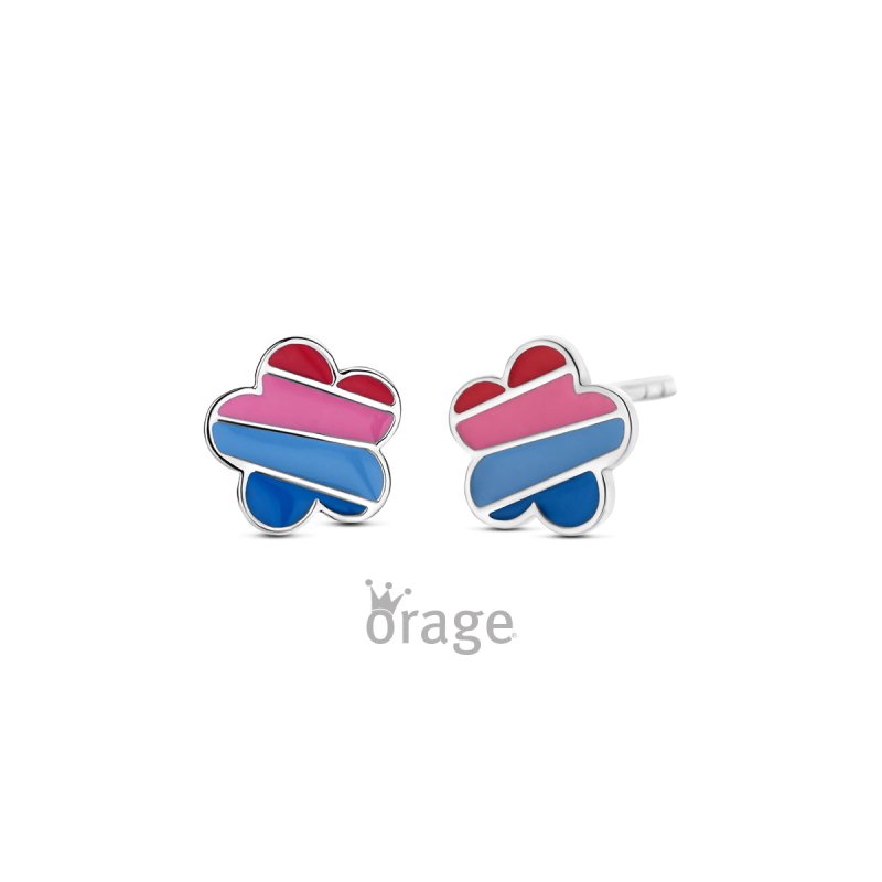 Zilveren kinderoorbellen bloem blauw/roze Orage kids - Staartjes en Strikjes