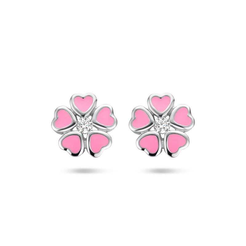 Zilveren kinderoorbellen bloem roze met zirconia - Staartjes en Strikjes