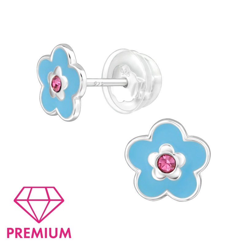 Zilveren kinderoorbellen bloemetje blauw met roze kristalletje - Staartjes en Strikjes