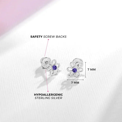 Zilveren kinderoorbellen bloemetje met paarse zirconia | schroefsluiting - Staartjes en Strikjes