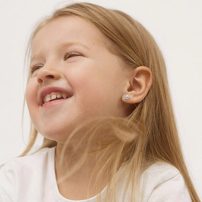 Zilveren kinderoorbellen bloemetje met zirconia | schroefsluiting - Staartjes en Strikjes