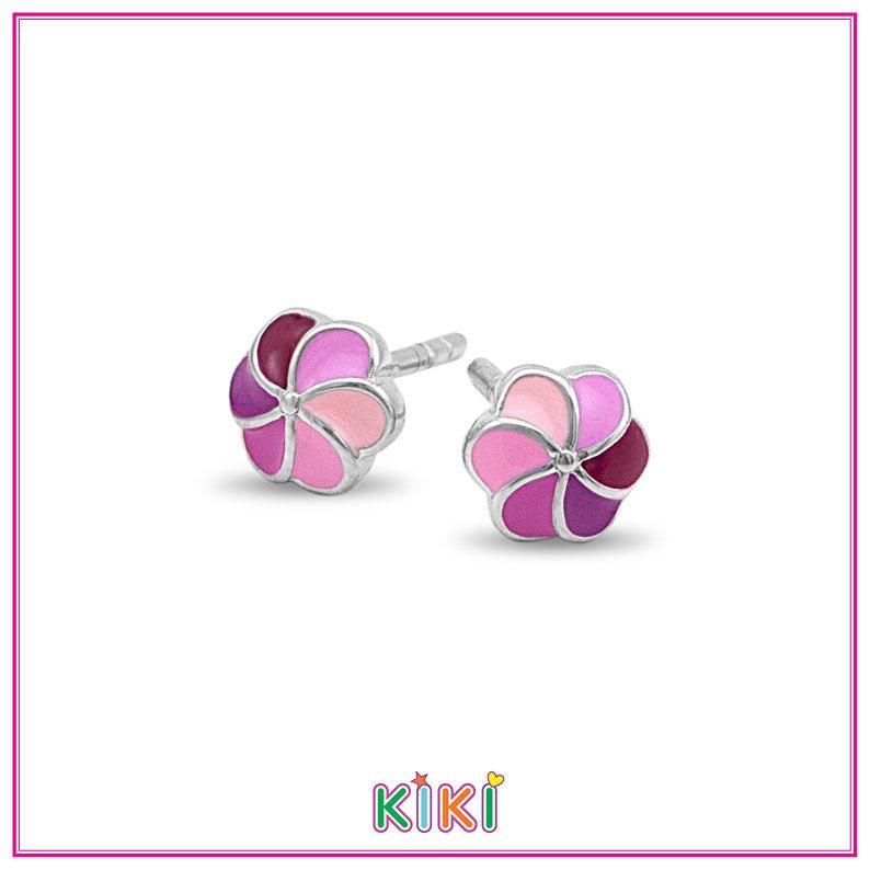 Zilveren kinderoorbellen bloemetje roze | Kiki - Staartjes en Strikjes