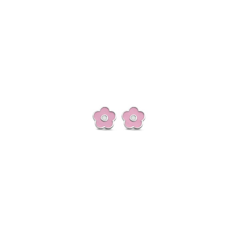 Zilveren kinderoorbellen bloemetje roze Naiomy Princess - Staartjes en Strikjes