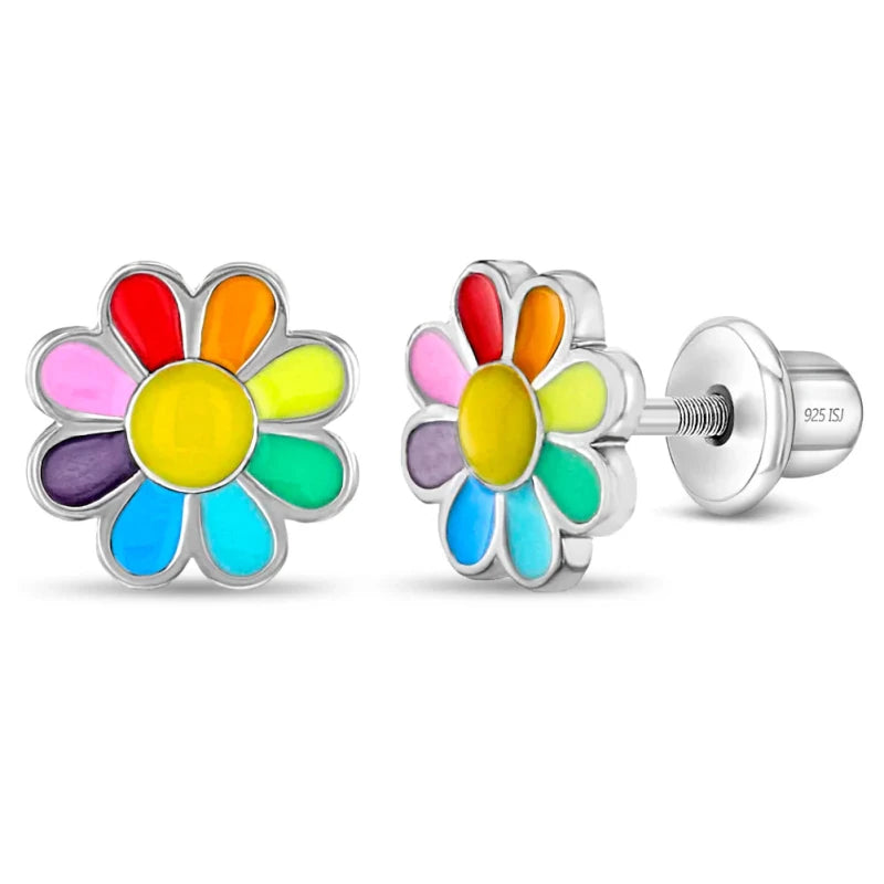 Zilveren kinderoorbellen bloemetjes multicolor | schroefsluiting - Staartjes en Strikjes