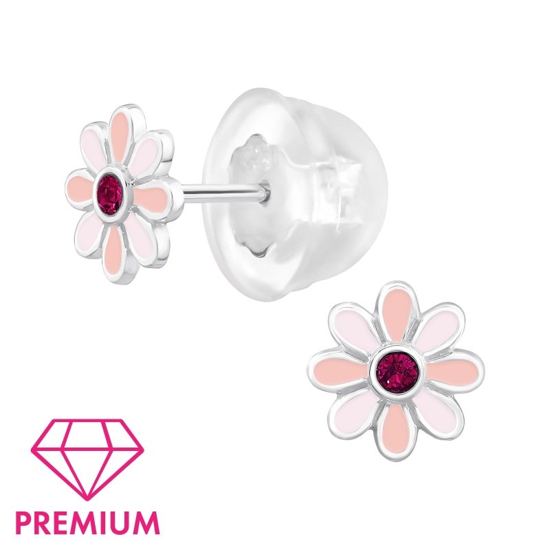 Zilveren kinderoorbellen bloemetjes roze met rood kristalletje - Staartjes en Strikjes