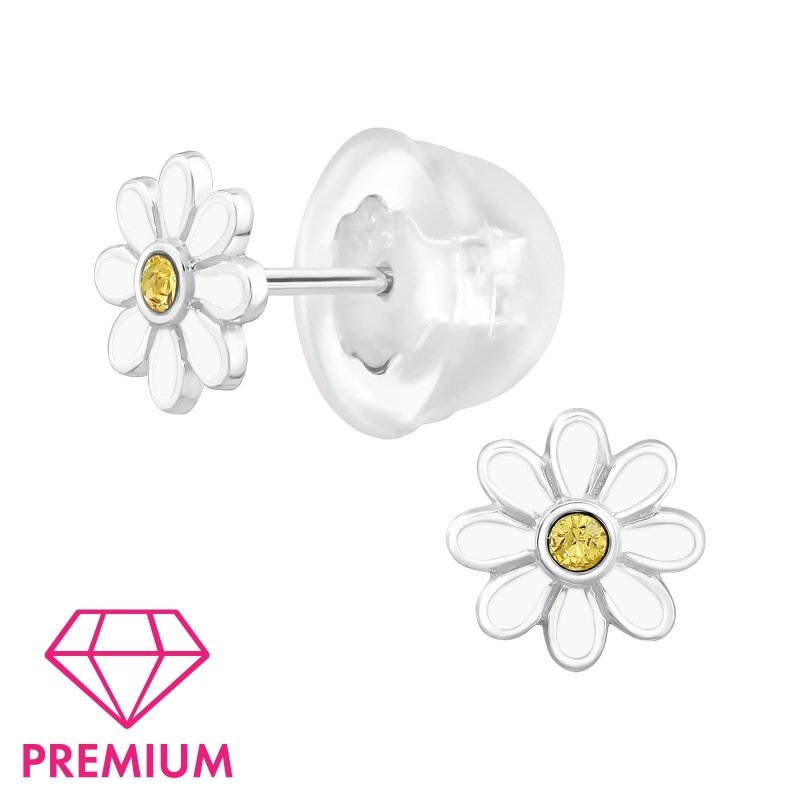 Zilveren kinderoorbellen bloemetjes wit met geel kristalletje - Staartjes en Strikjes