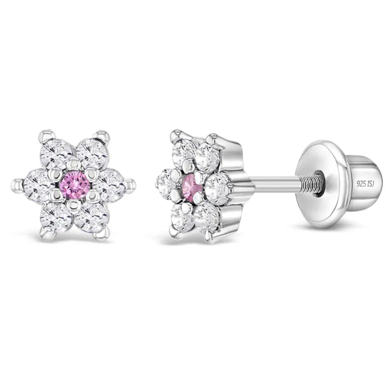 Zilveren kinderoorbellen bloemetjes zirconia met roze | schroefsluiting - Staartjes en Strikjes