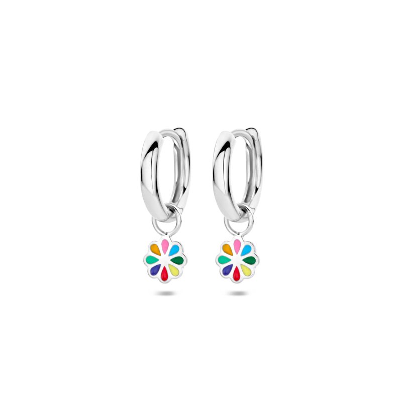 Zilveren kinderoorbellen creolen/oorringen bloemetjes multicolor - Staartjes en Strikjes