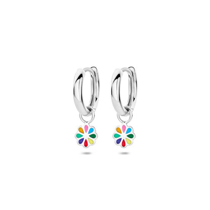 Zilveren kinderoorbellen creolen/oorringen bloemetjes multicolor - Staartjes en Strikjes