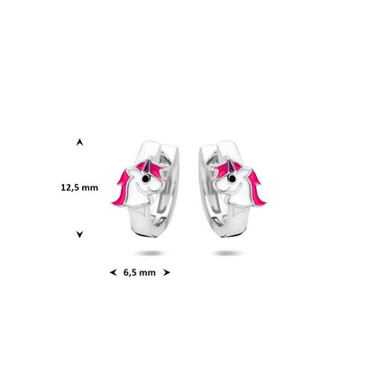Zilveren kinderoorbellen creolen/oorringen | eenhoorn wit/roze - Staartjes en Strikjes