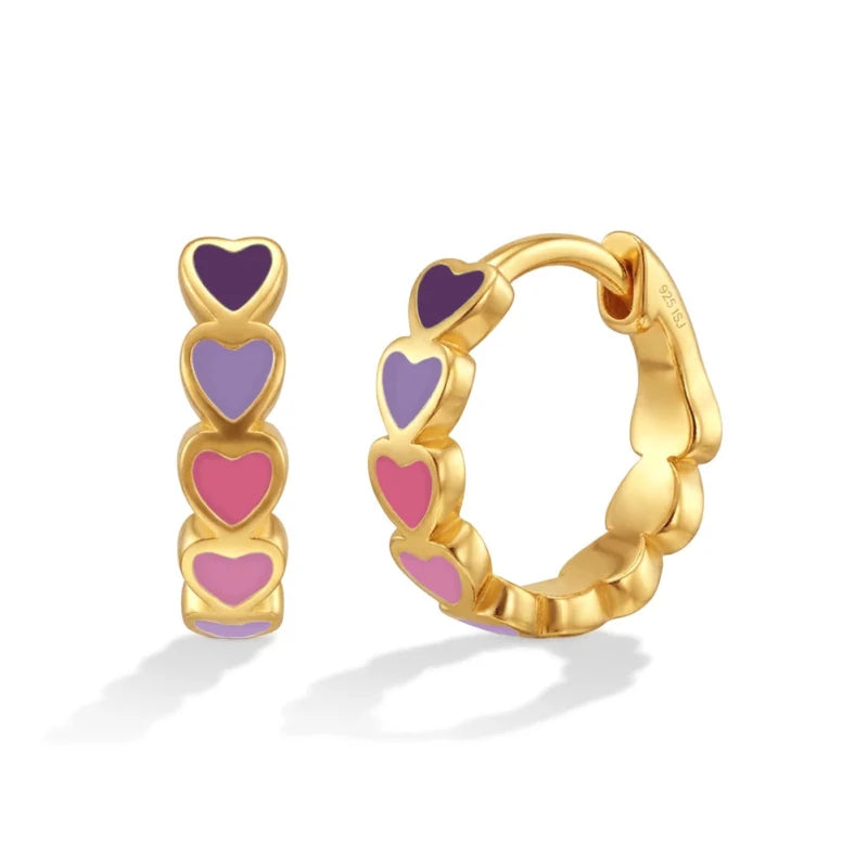 Zilveren kinderoorbellen creolen/oorringen goldplated hartjes roze/paars - Staartjes en Strikjes