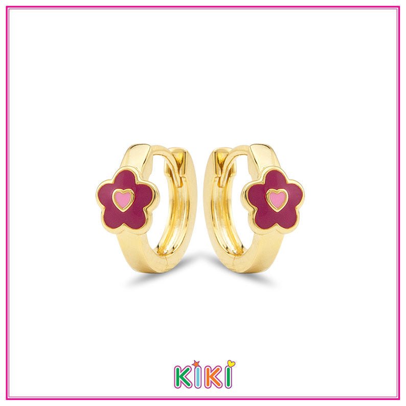 Zilveren kinderoorbellen creolen/oorringen goldplated met donkerroze bloemetje | Kiki - Staartjes en Strikjes