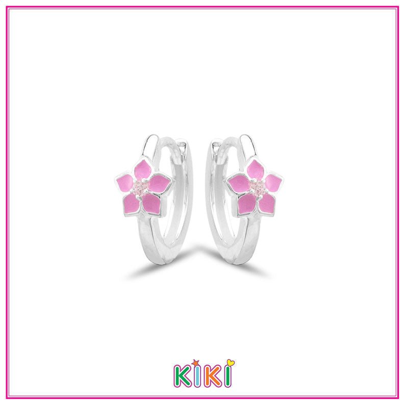 Zilveren kinderoorbellen creolen/oorringen klein roze bloemetje | Kiki - Staartjes en Strikjes