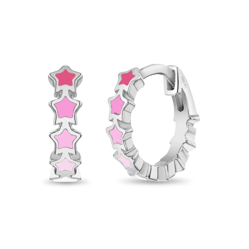 Zilveren kinderoorbellen creolen/oorringen roze sterretjes - Staartjes en Strikjes
