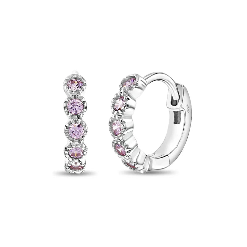 Zilveren kinderoorbellen creolen/oorringen roze zirconia knopjes - Staartjes en Strikjes