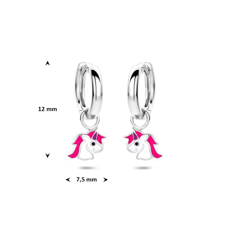 Zilveren kinderoorbellen creolen/oorringen roze/wit eenhoorn - Staartjes en Strikjes