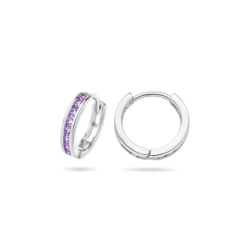 Zilveren kinderoorbellen creolen/oorringen zirconia steentjes paars - Staartjes en Strikjes