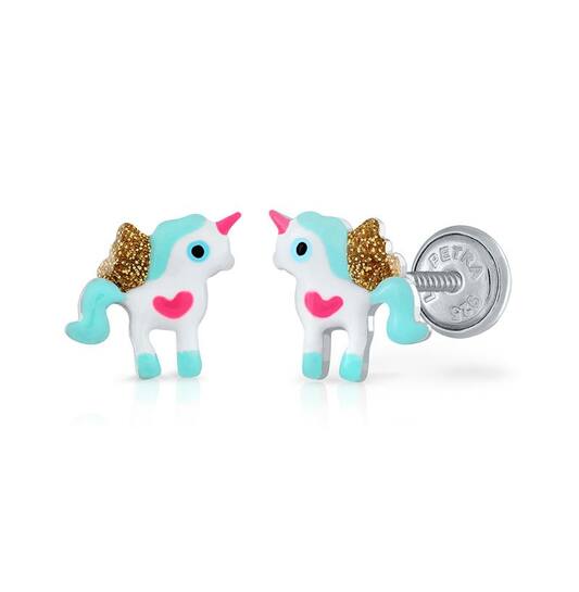 Zilveren kinderoorbellen eenhoorn/unicorn blauw |schroefsluiting Lapetra - Staartjes en Strikjes