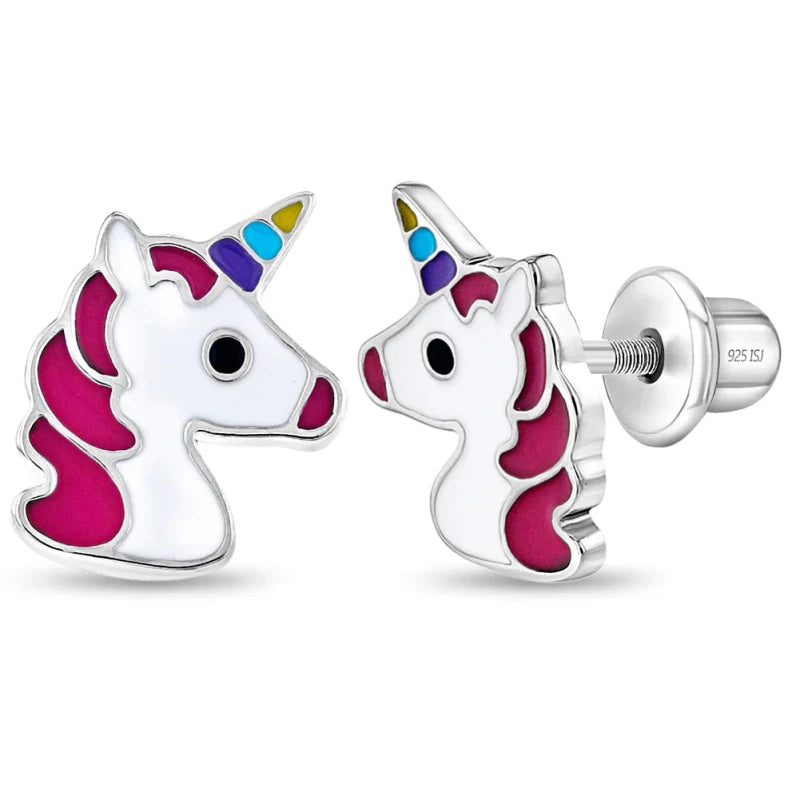 Zilveren kinderoorbellen eenhoorn/unicorn | schroefsluiting - Staartjes en Strikjes