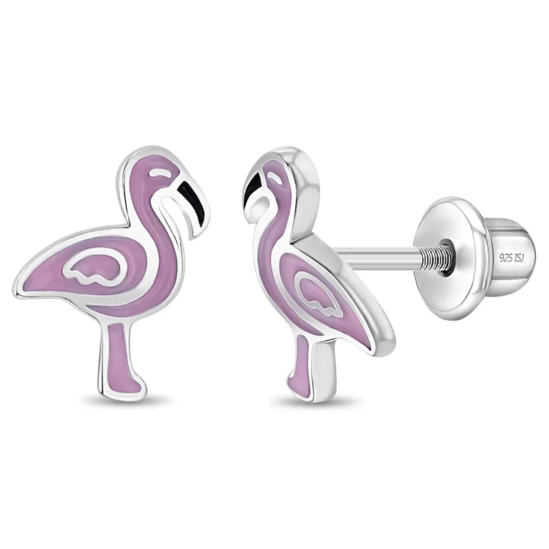 Zilveren kinderoorbellen flamingo | schroefsluiting - Staartjes en Strikjes