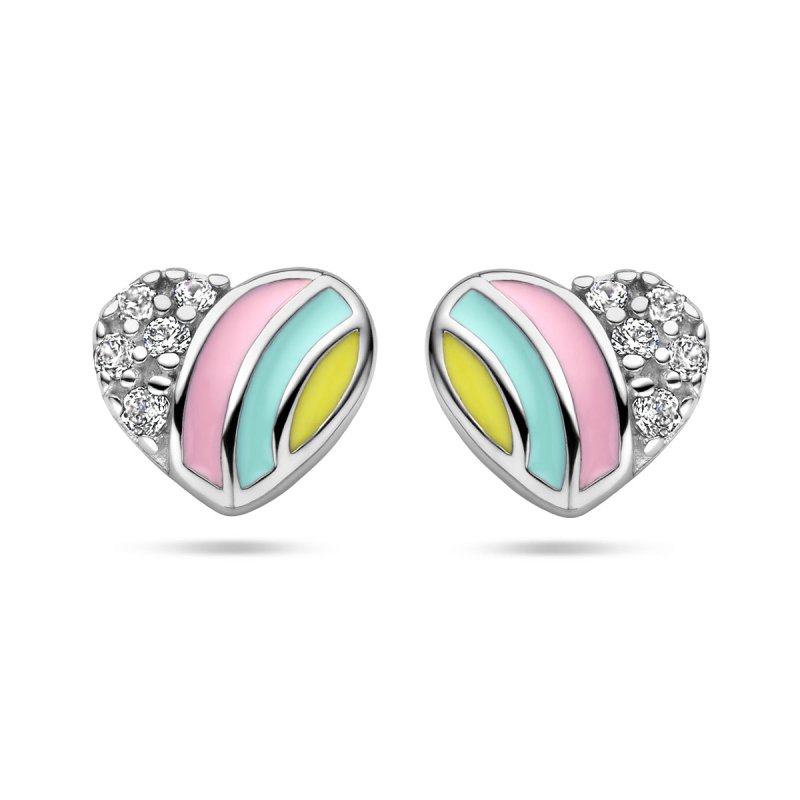 Zilveren kinderoorbellen gekleurde hartjes met zirconiasteentje - Staartjes en Strikjes