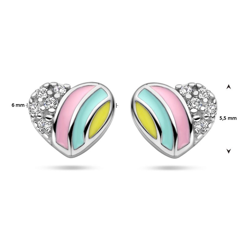 Zilveren kinderoorbellen gekleurde hartjes met zirconiasteentje - Staartjes en Strikjes