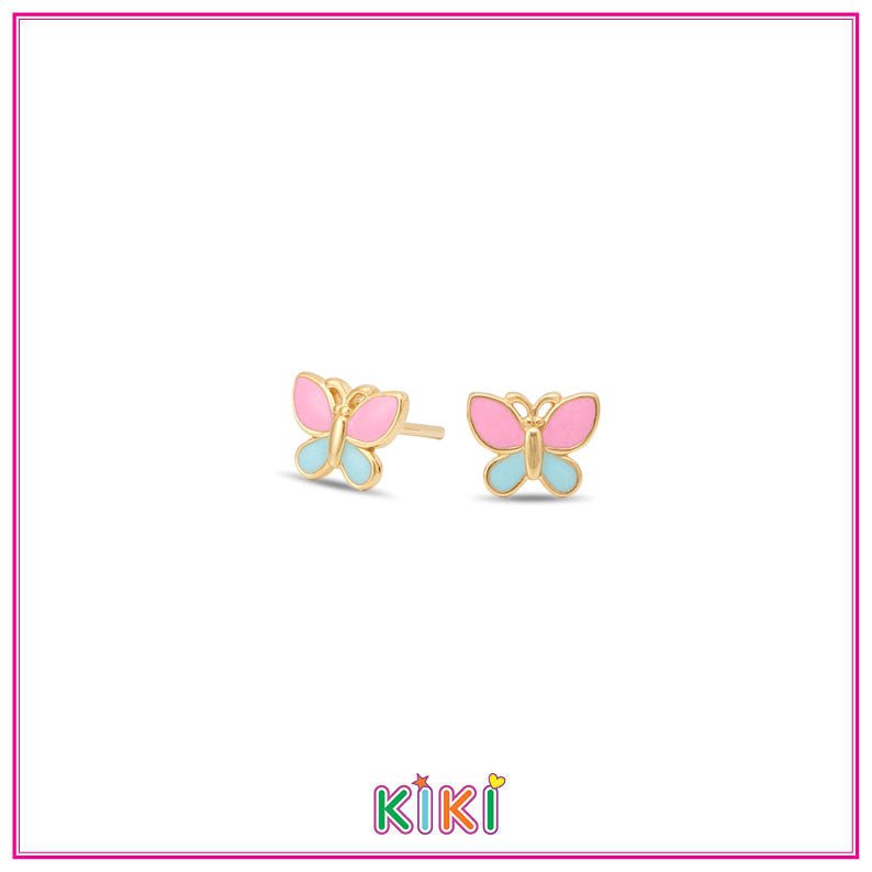 Zilveren kinderoorbellen gold plated vlinder roze/blauw | Kiki - Staartjes en Strikjes