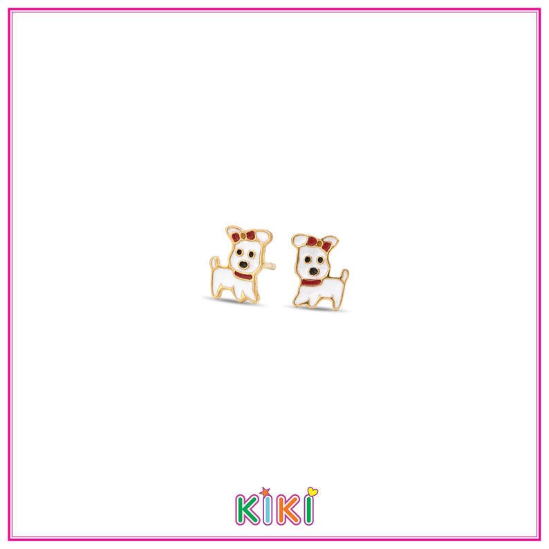 Zilveren kinderoorbellen gold plated wit hondje | Kiki - Staartjes en Strikjes