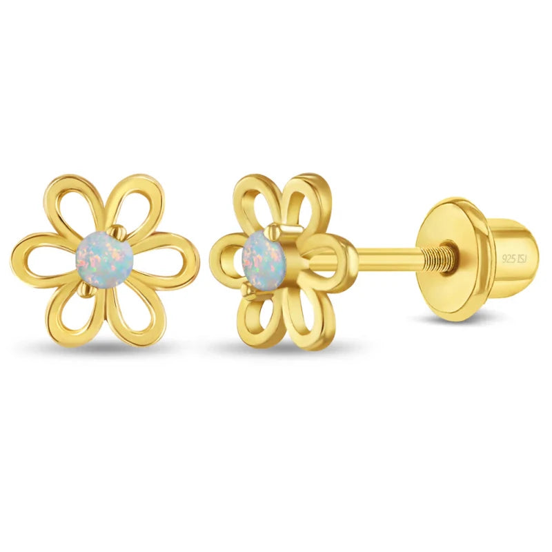 Zilveren kinderoorbellen goldplated bloemetje opaal look | schroefsluiting - Staartjes en Strikjes