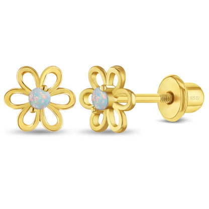 Zilveren kinderoorbellen goldplated bloemetje opaal look | schroefsluiting - Staartjes en Strikjes
