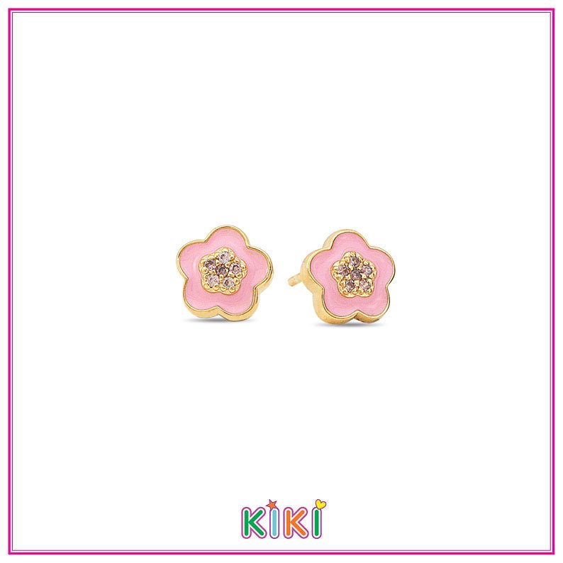 Zilveren kinderoorbellen goldplated bloemetje roze - Kiki - Staartjes en Strikjes