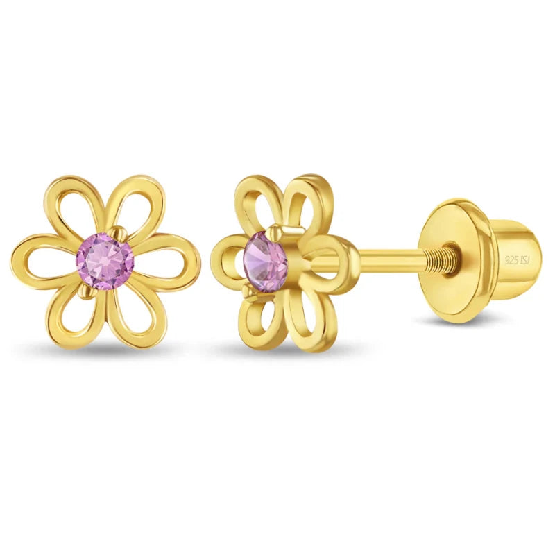 Zilveren kinderoorbellen goldplated bloemetje roze zirconia | schroefsluiting - Staartjes en Strikjes