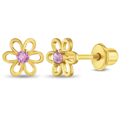 Zilveren kinderoorbellen goldplated bloemetje roze zirconia | schroefsluiting - Staartjes en Strikjes