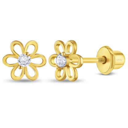 Zilveren kinderoorbellen goldplated bloemetje zirconia | schroefsluiting - Staartjes en Strikjes