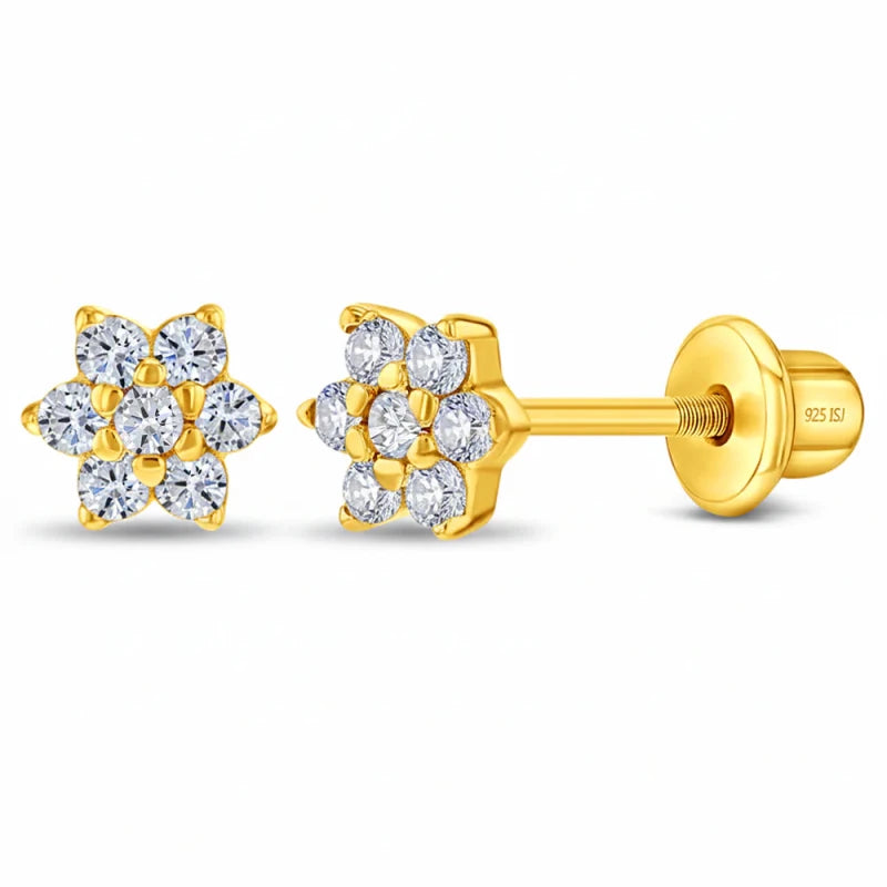 Zilveren kinderoorbellen goldplated bloemetje zirconia | schroefsluiting - Staartjes en Strikjes