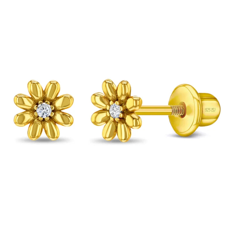 Zilveren kinderoorbellen goldplated bloemetjes zirconia | schroefsluiting - Staartjes en Strikjes