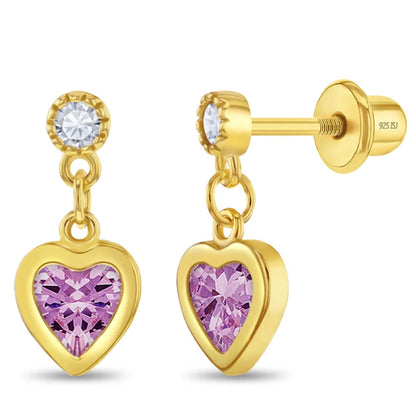 Zilveren kinderoorbellen goldplated hangend hartje roze zirconia | schroefsluiting - Staartjes en Strikjes