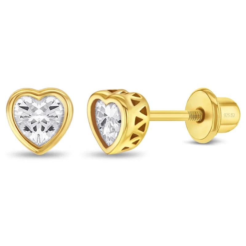 Zilveren kinderoorbellen goldplated hartje zirconia | schroefsluiting - Staartjes en Strikjes